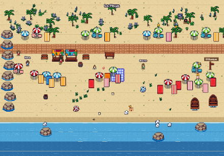A pixel-art beach: palms and dunes, a promenade, parasols on the sand and boats past the tide line.