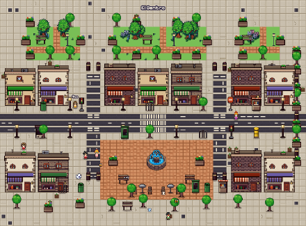 A pixel-art high street: shopfronts along an avenue, planted squares and a plaza with a fountain.