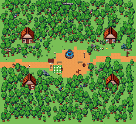 A pixel-art forest: dense canopy with a trail winding through it to a clearing with a fountain.