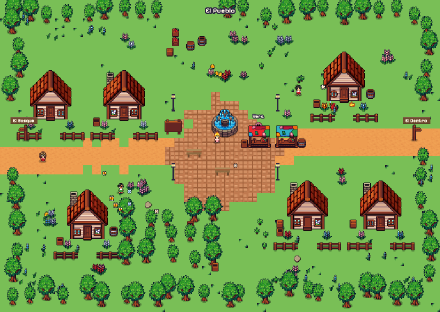 A pixel-art village: cottages with fenced gardens along a lane, and a square with a fountain and a market.